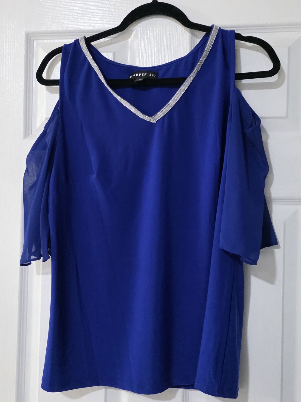 Harper Cobalt Blue Cold-Shoulder V-Neck Blouse with Silver Trim